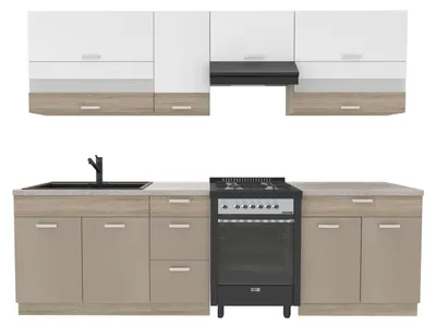 Obrázek produktu pro Kuchynská linka 270 cm – Sonoma béžová/bílá – s pracovní deskou z travertinu – kovové zásuvky – systém Soft-Close – MDF – PREMIO B PLUS