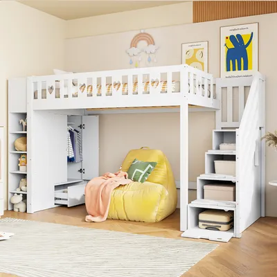 A child's loft bed with a wardrobe, shelves, and a beanbag chair in a bedroom setting.