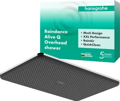 A product shot of a Hansgrohe overhead shower and its packaging.
