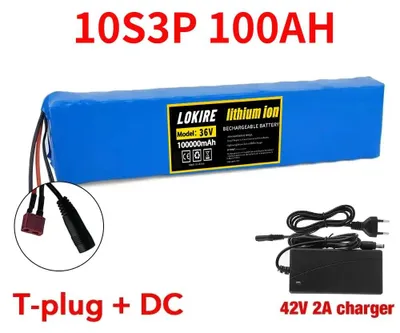 Obrázek produktu pro Lithiová baterie 36 V, 100 Ah – baterie pro elektrický skútr 10S3P 18650 – výkon 1000 W – s BMS – sada s DC nabíječkou – T-DC-Charger