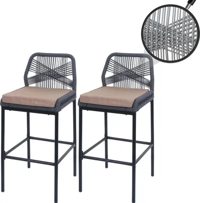 Produktbild von 2er-Set Rope-Barhocker HWC-O21, Outdoor Sitzpolster Seilgeflecht Metall  anthrazit, Kissen taupe