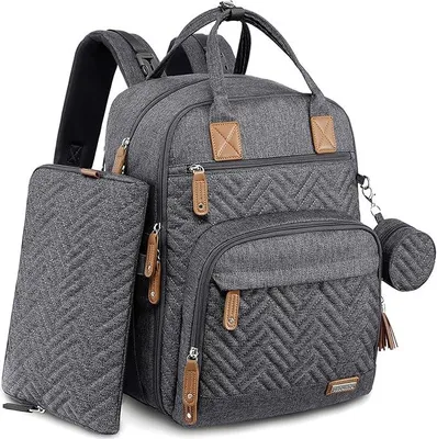 Produktbild von Dikaslon Wickeltasche Rucksack Großer Wickelrucksack mit Multifunktions-Babytaschen und mobiler Wickelauflage - Schnullerhalter und Kinderwagengurte - für Mama und Papa (grau)