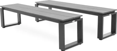 Two garden benches are shown against a white background.
