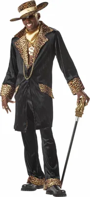 A man in a pimp costume holding a cane.