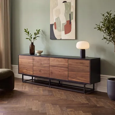 Produktbild von Lowboard 'Boxholm' mit 4 Türen Push-to-Open 180 x 30 x 56 cm Metallgestell Schwarz/Walnussoptik