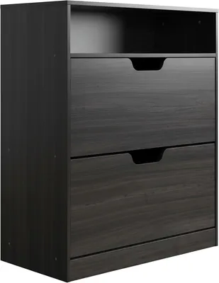 Zdjęcie produktu dla Szafka na buty z otwartymi przegródkami - na 12 par - z 2 drzwiczkami - do przedpokoju - wąska - imitacja drewna - szara - 102x80x24 cm