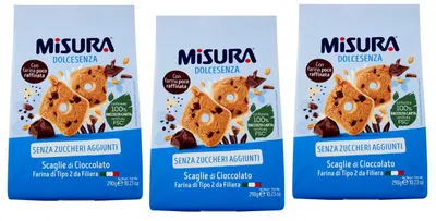 Produktbild von 3x Misura Dolcesenza Biscotti con Scaglie di Cioccolato Kekse mit Schokoladenstückchen Ohne Zuckerzusatz Packung mit 290g + Italian Gourmet Polpa di Pomodoro 400g Dose