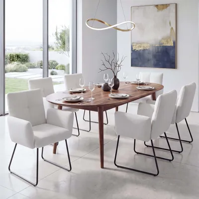 Productafbeelding van Set van 6 eetkamerstoelen HWC-K34, keukenstoel, gestoffeerde stoel met armleuningen, bouclé stof/textiel, metalen frame, kleur: wit