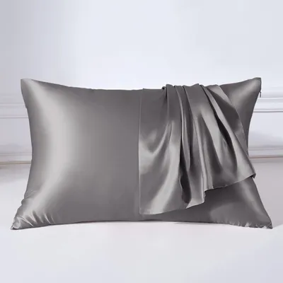 Produktbild von Seidenkissenbezug (22 Momme) – 100 % Seide – Milbenabweisender Seidenkissenbezug mit Reißverschluss – Grau, 50 x 75 cm