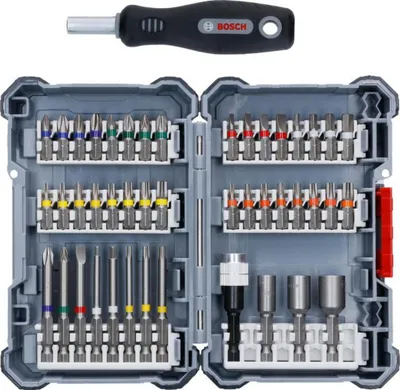 A set of Bosch drill bits and a screwdriver handle in an open case.