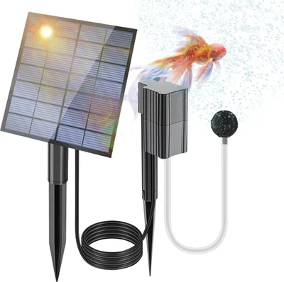 A solar-powered pond aerator with a solar panel, pump, and bubbler stone, shown with a graphic of a goldfish.
