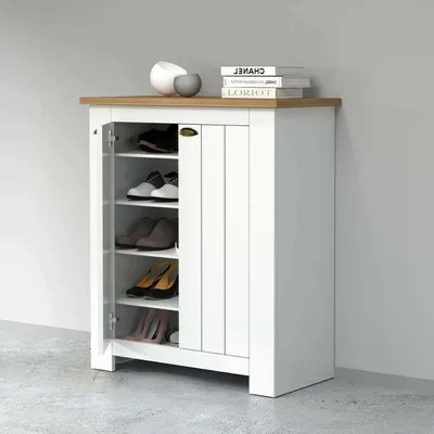 Produktbild von Schuhregal Dcittadin, platzsparendes Schuhregal mit 2 Türen, multifunktionale Eingangsgarderobe, 84x42h100 cm, Weiß und Eiche
