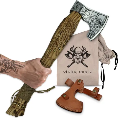 Produktbild von VIKING CRAFT® Wikinger Axt 50cm - Handgefertigte Wikinger Deko Axt mit Gravur und Lederschutz - Ideale Mittelalter Deko, Axt Wikinger Geschenke
