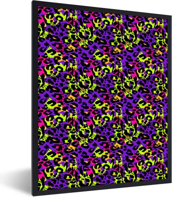 Produktbild von MuchoWow® Gerahmtes Poster Tiermuster - Panther - Neon - Regenbogen 60x80 cm - Poster mit Schwarzem Bilderrahmen Wandposter Rahmen Foto Bilder - Premium - Wanddeko Wohnzimmer