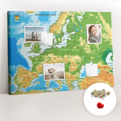 Obrázek produktu pro Korková nástěnka s kolíčky - Tabule s kolíky pro fotografie a poznámky - 100x70 cm - Připínáčky kovové 100 kusů - Zeměpis Mapa světa