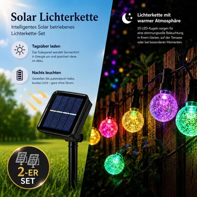 Produktbild von 2x Solar Lichterkette 5m - 20 LED Kristallkugel, bunt, IP65, Garten & Terrasse, 8 Modi, H094