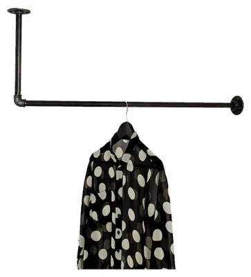 Produktbild von Kleiderstange zur Decken- und Wandmontage schwarz - Garderobenstange in verschiedenen Größen, z.B. 60 x 70 cm - Garderobe im Industrial Design handgefertigt - Wasserohr Kleiderstange in L-Form mit 90 Grad Winkel