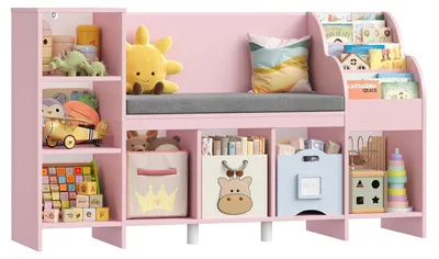 Produktbild von Kinder Bücherregal und Spielzeugregal - Aufbewahrung mit Lesebank - 138,5 cm Holz - Für Kinderzimmer - Rosa