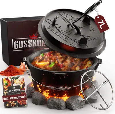 Image de GUSSKÖNIG Dutch Oven Set [7L ] - Marmite à feu cuit avec lève-couvercle pratique et dessous de plat en acier inoxydable