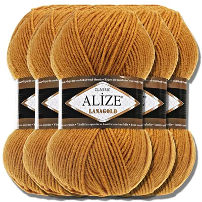 Produktbild von Alize 5x 100g Lanagold Wolle, Uni, Häkeln, Stricken (Mustard | 645)