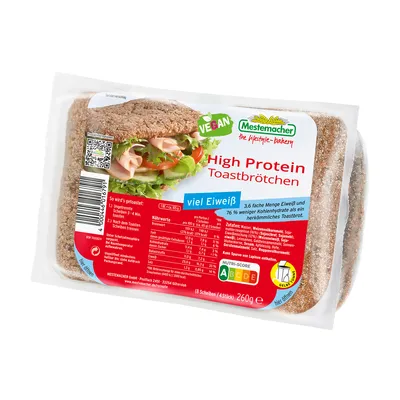 A package of high protein toast bread rolls with a label showing nutritional information and branding.
