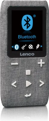 A close-up studio shot of a gray Lenco MP3 player with a black screen displaying the Bluetooth logo and text.