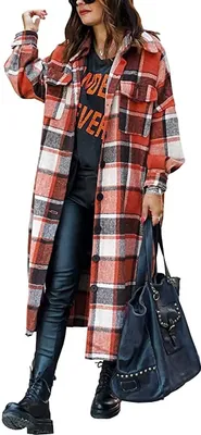 Produktbild von ASKSA Damen Kariertes Lange Hemdjacke Taschen Knöpfen Langarm Holzfällerjacke Mantel, A Orange Rot, XS