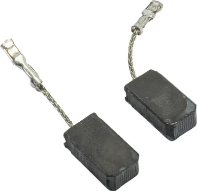 Two carbon brushes with attached wires and connectors, isolated on a white background.