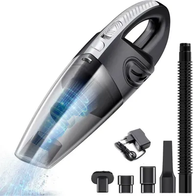 A handheld vacuum cleaner and its accessories are displayed against a white background.