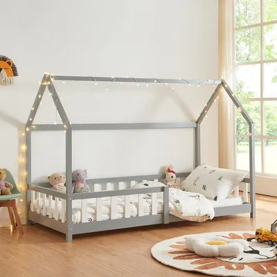 Image de Lit pour enfant – Lit simple – Barrières de sécurité – Bois massif (pin) – Gris – 90x200 cm