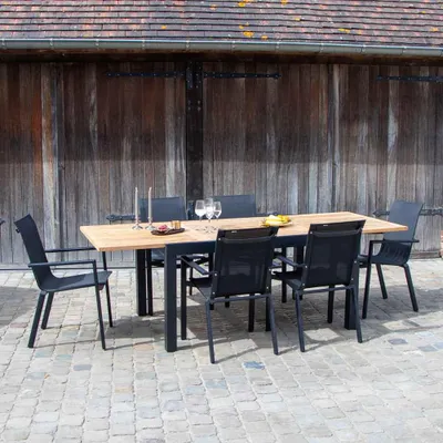Image de Ensemble BALITECK 6/10p en aluminium noir, plateau en Teck avec 6 fauteuils