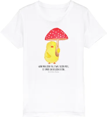 Produktbild von Mr. & Mrs. Panda Organic Kinder T-Shirt Küken Fliegenpilz 7-8 Jahre (122/128) - Weiß - Geschenk, Ostern, Glückspilz, Mädchen, Bio, Ostergrüße, Frohe, Kleinkind, Teenager