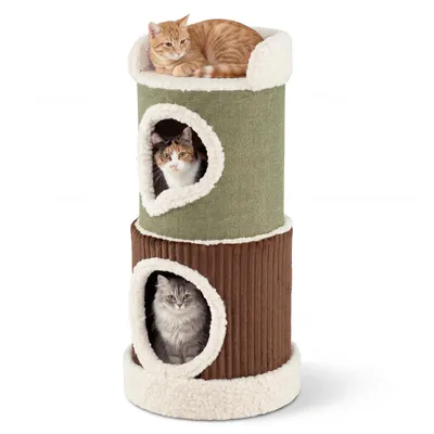 Produktbild von COSTWAY Kratztonne, Ø41 cm, 85 cm hoch, Katzentonne mit 2 Katzenhöhlen, waschbarem Kissen&Liegefläche, Kratzbaum für Katzen bis 10 kg, Grün+Braun