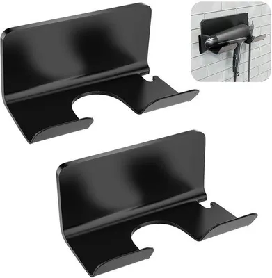 Image de Support mural pour sèche-cheveux Ibenzoa® sans perçage – Support en PVC pour surfaces lisses (carrelage, verre, marbre), de couleur noire, avec un diamètre intérieur de 5,3 cm, et équipé d'un système de fixation pour le rangement des câbles