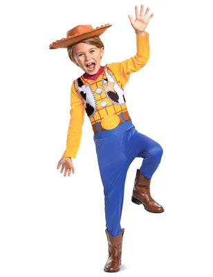 A child wearing a Woody costume from Toy Story, posing dynamically against a white background.