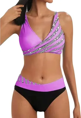 Image de ASKSA Ensemble Bikini Femme Push Up Deux Pièces Rayures Maillot de Bain Haute Taille Sport, Violet, 2XL
