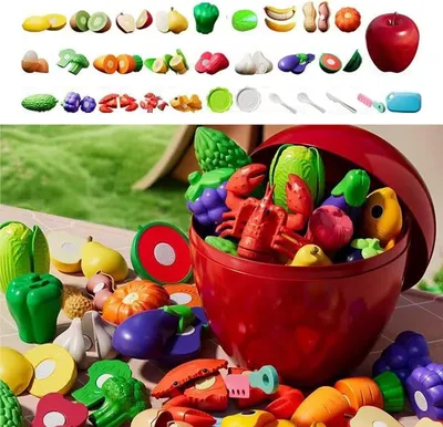 Produktbild von STILVORA Küchenspielzeuge, Spielzeug Obst & Gemüse Set, 31-teiliges Kinder Küchen Spielzeug, Zum Schneiden und Schälen, Realistische Lebensmittel, Mit Picknick Zubehör und Weihnachts-Apfelkübel