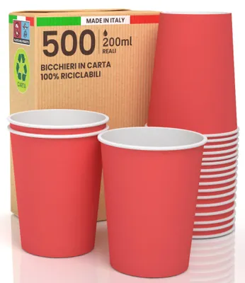 500 Papierbecher 200 ml, umweltfreundlich, biologisch abbaubar, rot