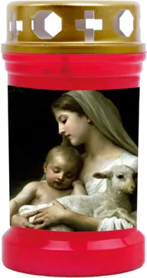 Zdjęcie produktu dla Świeca grobowa czerwona, czas palenia: 40 godzin, motyw: Maryja z barankiem