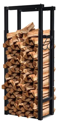 Zdjęcie produktu dla Półka na drewno kominkowe Ikodm, regulowana, wymiary 40–65 × 25 × 100–150 cm, wykonana z żelaza, kolor czarny, z 4 haczykami na akcesoria kominkowe