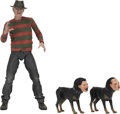 A Freddy Krueger action figure and two dog figures with human heads.