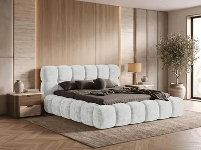 Image de Lit tapissier BESILIO 200x200 cm, modèle Tokyo, en tissu chenille - Lit avec coffre de rangement intégré et sommier à lattes - Gris clair