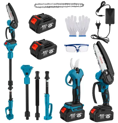 Produktbild von 4-in-1 Gartensäge-Set - Mini Akku-Kettensäge - 15 cm Schwert - Elektrische Astschere 45 mm - Teleskopsäge - Kohlenstoffstahl - Blau