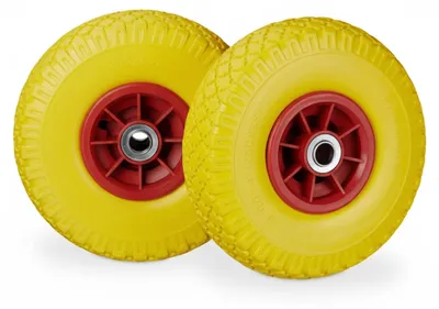 Image de 8 roues pour diable, pneus en caoutchouc plein anti-crevaison, 3,00-4 pouces, axe de 20 mm, charge max. 80 kg, roue de secours 260 x 85 mm, jaune-rouge
