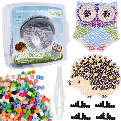 Immagine prodotto di Set di perline stirabili MalPlay 2000, cuscinetti stirabili, perline in 8 colori, 2 modelli - gufo e riccio, perline per animali, regalo di perline fai da te