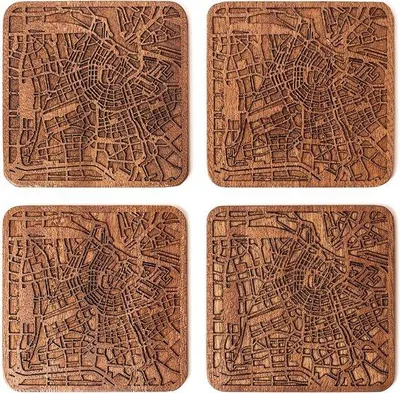 Productafbeelding van Set van 4 Handgemaakte Houten Onderzetters met Stadsplattegrond