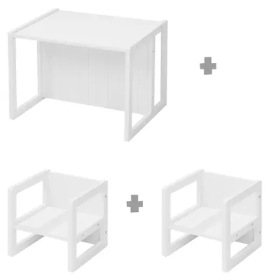 Image de roba Ensemble de sièges de style campagnard pour enfants, 2 tabourets & un banc pour enfants transformable en table, blanc
