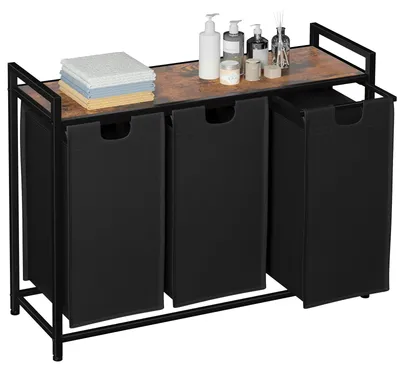 Obrázok produktu pre Košík na bielizeň s 3 priehradkami, rozmer 92 x 30 x 72,2 cm, oceľový rám, tkanina Oxford, vhodný do kúpeľne