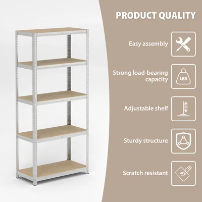 Image de Étagère de rangement pour garage - Étagère métallique à 5 niveaux - Capacité de charge de 175 kg par étagère - Plateaux en MDF de 5 mm - Montage sans outils - Pliable - 180 x 90 x 40 cm - Argent