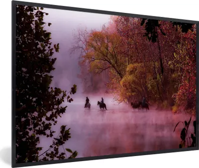 Produktbild von MuchoWow® MuchoWow® Gerahmtes Poster Pferde - Nebel - Wald 90x60 cm - Poster mit zchwarzem Bilderrahmen - Fotorahmen - Foto-Plakat